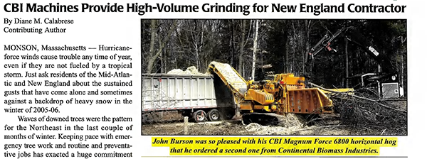 Newspaper clipping titled 'CBI provides high- volume grinding machine for new England contractor'