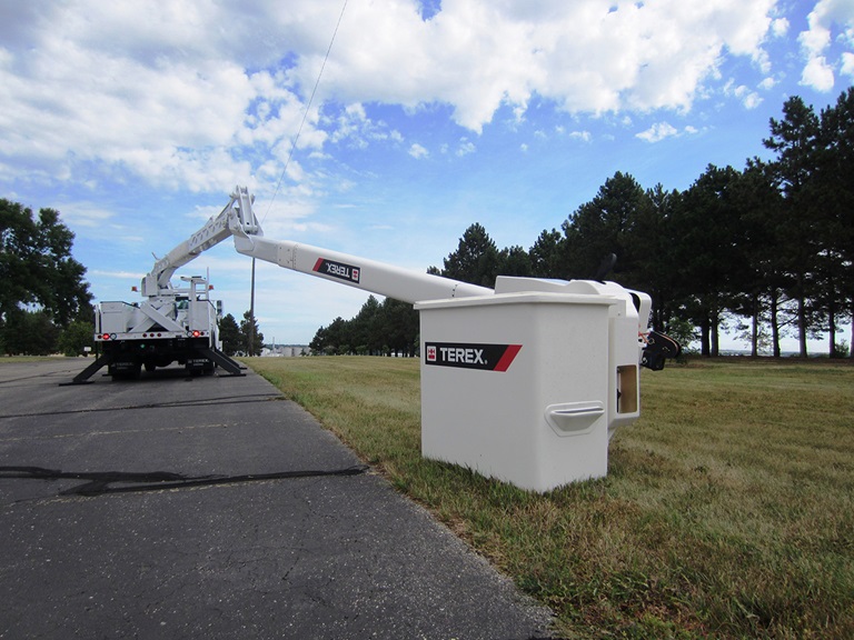 Terex HRX Overcenter Bucket Truck stretches across road