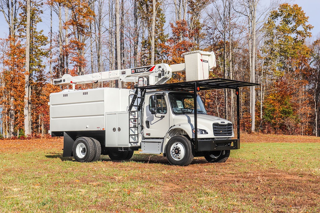 Terex XT Pro 56 tree trimmer bucket truck parked in forest
