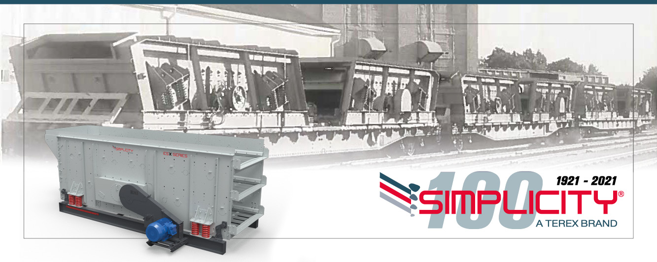 Simplicity 100 year anniversary logo banner featuring the 1st Simplicity machine with George Benke as well as a modern day DM Series screen installed