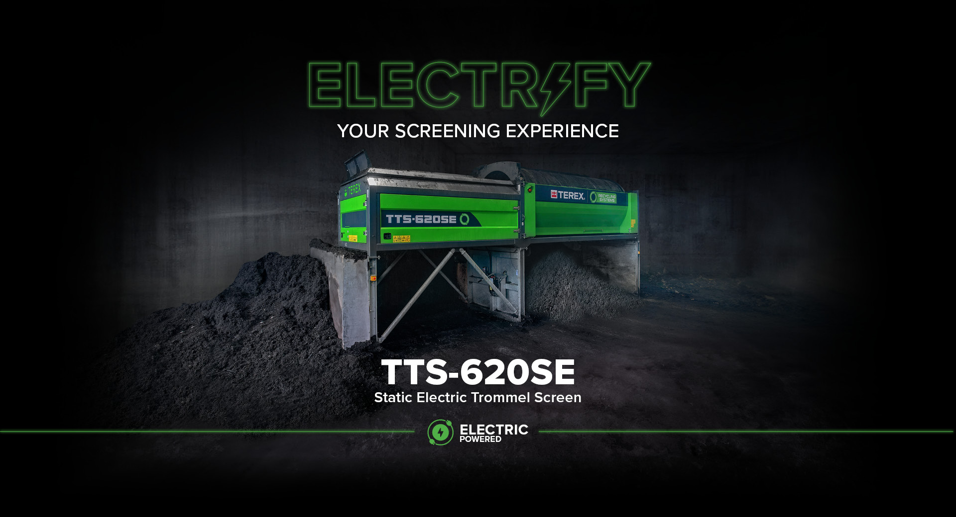 Terex Recycling Systems' TTS-620SE Static Electric Trommel Screen Processing Compost
